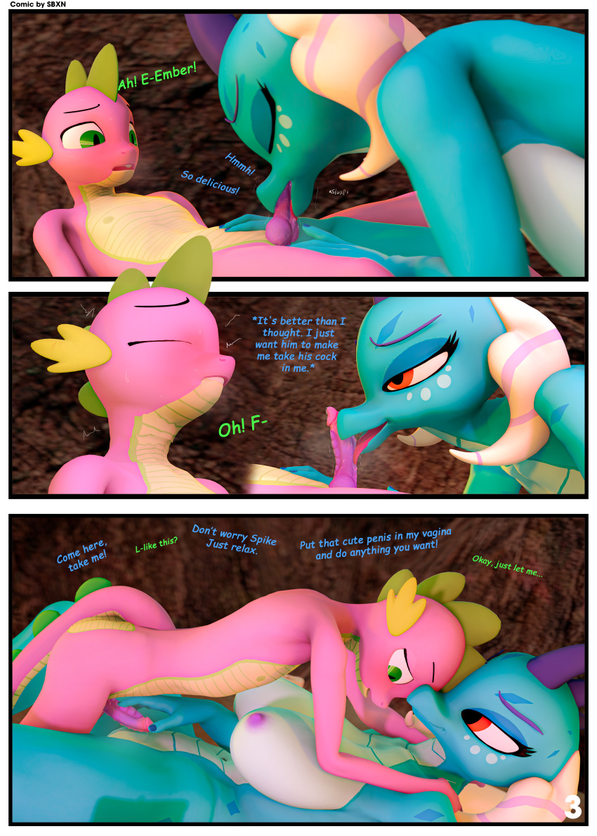 3d_(artwork) absurd_res age_difference anthro big_breasts blue_body blue_scales blue_spines breasts comic dialogue digital_media_(artwork) dragon duo encouragement eyes_closed fellatio female friendship_is_magic genitals green_eyes green_spines half-closed_eyes hand_on_penis hands_on_shoulders hasbro hi_res imminent_sex licking looking_pleasured male male/female my_little_pony mythological_creature mythological_scalie mythology narrowed_eyes nipples nude nude_anthro nude_female nude_male oral penile penis penis_lick pink_nipples princess_ember_(mlp) purple_body purple_scales red_eyes scales scalie sebaxn sex spike_(mlp) thoughts tongue