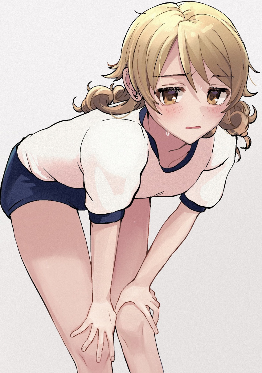 1girl bare_legs blue_buruma blush brown_hair buruma drill_hair earrings feet_out_of_frame gym_shirt gym_uniform hands_on_own_knees highres idolmaster idolmaster_cinderella_girls jewelry leaning_forward looking_at_viewer morikubo_nono shirt short_sleeves simple_background solo stud_earrings sweat yuzuhota0313