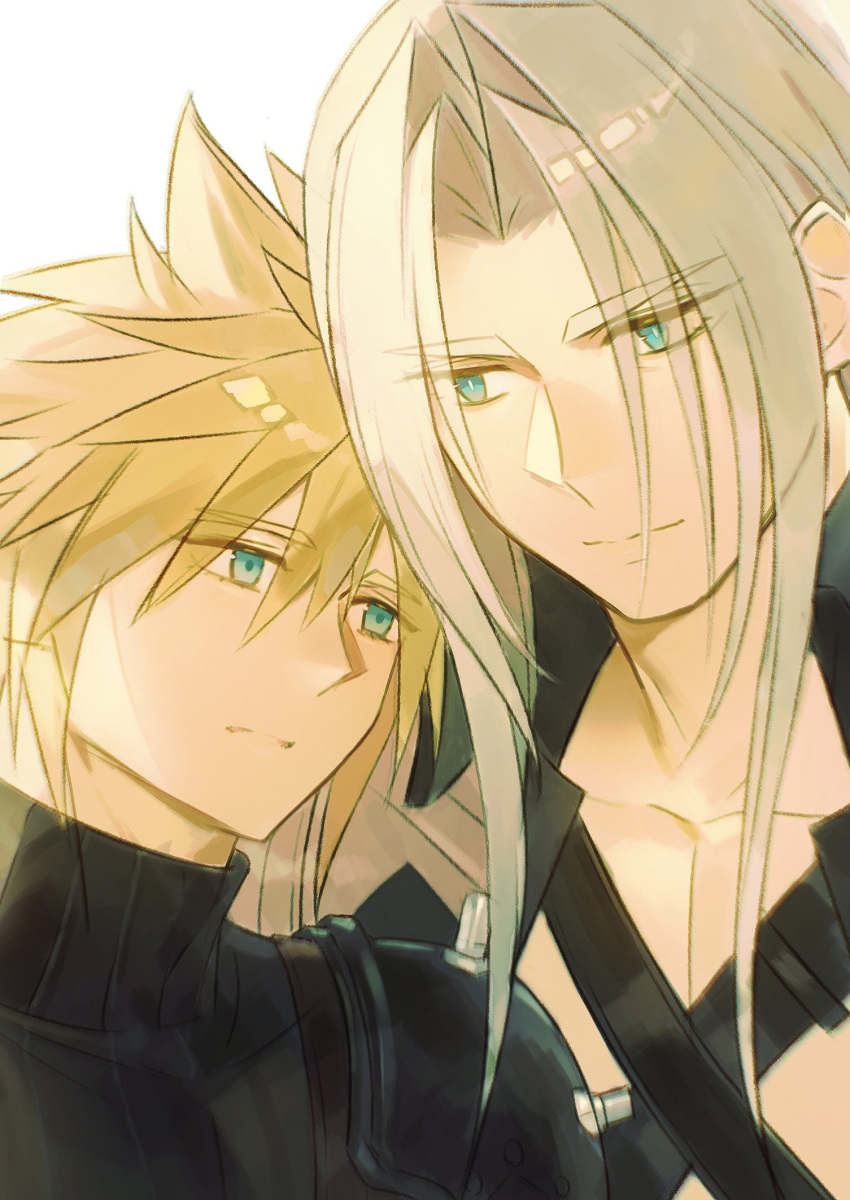 2boys armor blonde_hair blue_eyes chest_strap closed_mouth cloud_strife final_fantasy final_fantasy_vii final_fantasy_vii_remake grey_hair high_collar highres long_bangs long_hair male_focus multiple_boys parted_bangs pauldrons sephiroth short_hair shoulder_armor spiked_hair suspenders white_background yebuyeye