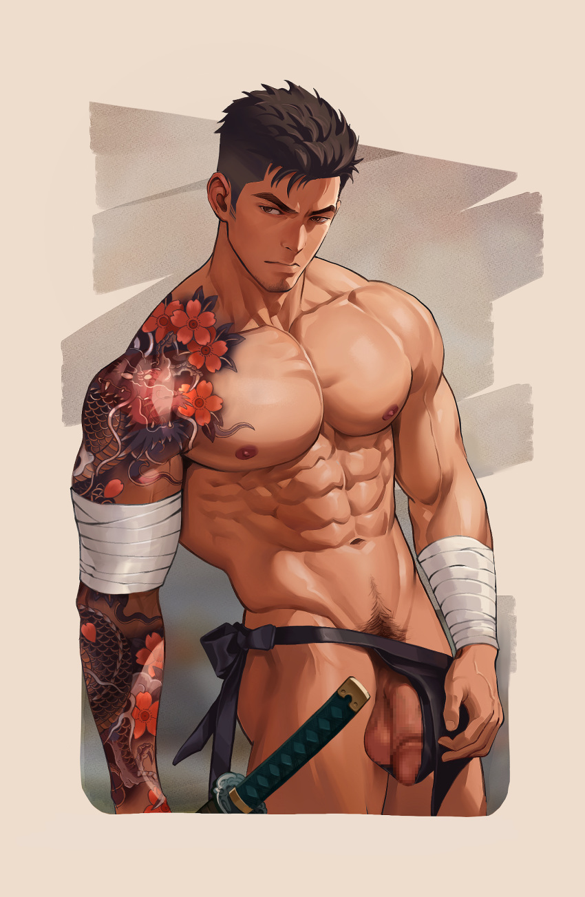 1boy abs arm_tattoo bandaged_arm bandages censored closed_mouth cowboy_shot facial_hair flaccid fundoshi groin highres japanese_clothes large_penis light_frown male_focus male_pubic_hair mosaic_censoring muscular muscular_male nipples nude original pectorals penis penis_peek pubic_hair shian948076 short_hair shoulder_tattoo sideways_glance simple_background solo standing tan tattoo undercut very_short_hair