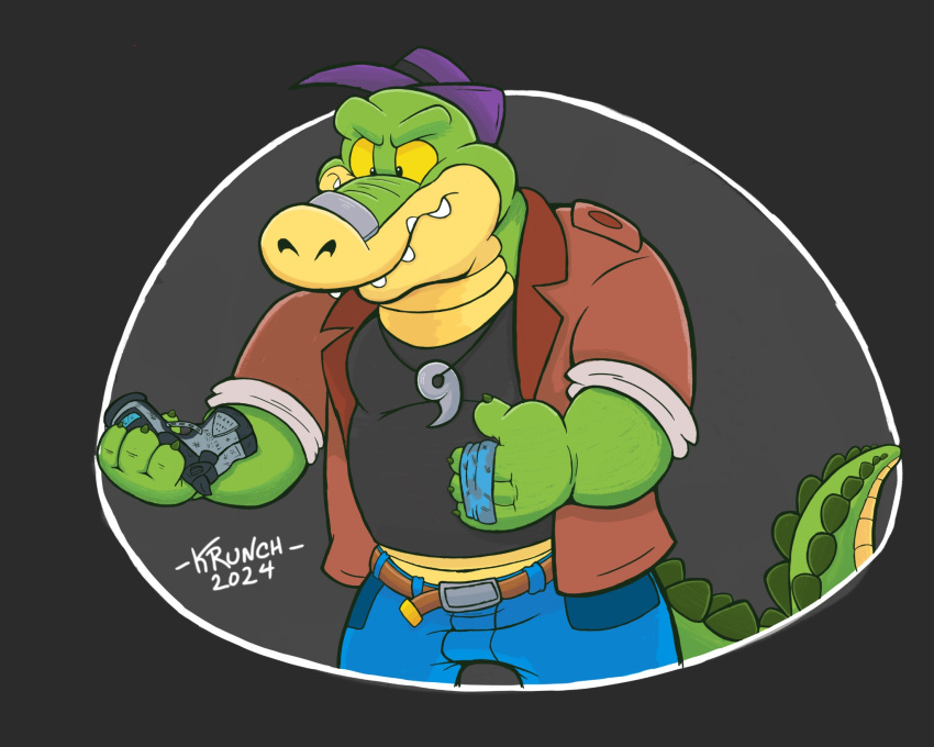 2024 4_fingers alligator alligatorid anthro bottomwear brok_(brok_the_investigator) brok_the_investigator clothing crocodilian fingers green_body gun hat headgear headwear hi_res krunchycroc male pants ranged_weapon reptile scalie shirt slightly_chubby solo topwear weapon