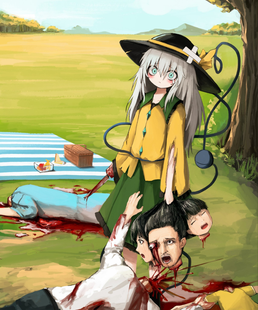 1boy 3girls alt_text aqua_eyes black_hair black_hat blood blood_on_ground blood_on_hands blood_on_knife blood_on_weapon blood_splatter child closed_eyes corpse crossed_bandaids day death family food grass green_skirt grey_hair guro hat hat_ribbon highres holding holding_head holding_knife holding_weapon knife komeiji_koishi long_hair long_sleeves looking_at_viewer mountainous_horizon multiple_girls murder outdoors picnic picnic_basket picnic_blanket pool_of_blood reverinth ribbon severed_head shirt single_tear skirt standing torn_clothes torn_shirt touhou tree weapon yellow_ribbon yellow_shirt