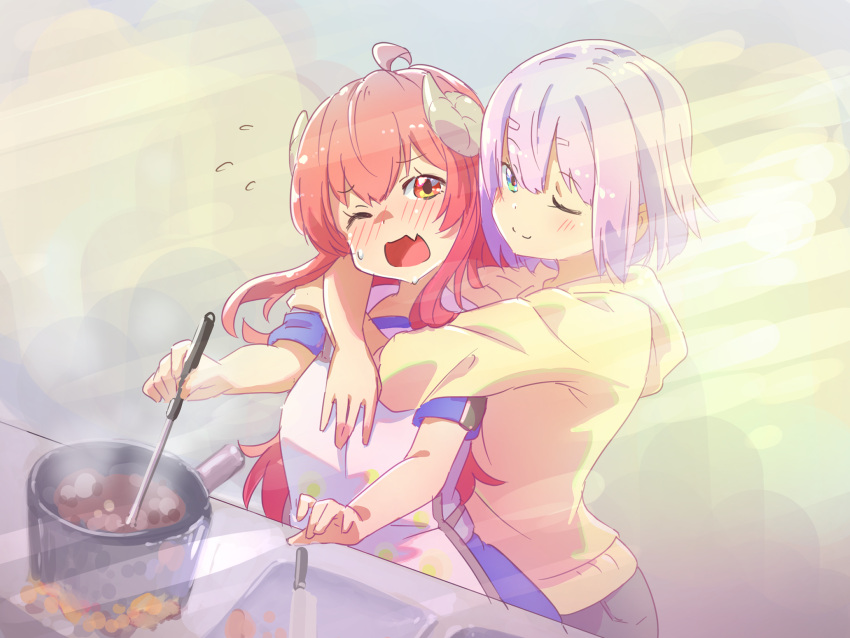 2girls ;) ahoge apron arms_around_neck blue_eyes blush brown_eyes chiyoda_momo closed_mouth commentary_request cooking curled_horns demon_girl demon_horns embarrassed fang flying_sweatdrops highres holding holding_ladle hood hood_down hoodie horns hug hug_from_behind icorasama indoors ladle long_hair long_sleeves looking_at_viewer machikado_mazoku medium_hair multiple_girls nose_blush one_eye_closed open_mouth pink_hair red_hair short_sleeves sidelocks simple_background skin_fang smile split_mouth straight_hair sweatdrop upper_body very_long_hair white_apron yellow_hoodie yoshida_yuuko_(machikado_mazoku)