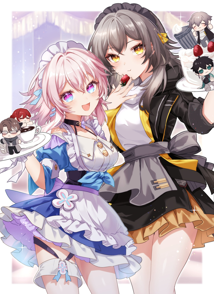 2girls :d :t absurdres adapted_costume alternate_costume apron back_bow black_choker black_jacket black_skirt blue_eyes blue_jacket blue_skirt blush border bow caelus_(honkai:_star_rail) cake choker closed_mouth commentary cowboy_shot cup dan_heng_(honkai:_star_rail) eating enmaided flower_ornament food frilled_apron frills fruit grey_apron grey_bow grey_hair hair_between_eyes highres himeko_(honkai:_star_rail) holding holding_food holding_fruit holding_tray honkai:_star_rail honkai_(series) ichiyume_ichiyu jacket layered_skirt light_particles long_hair long_sleeves looking_at_viewer maid maid_apron maid_headdress march_7th_(honkai:_star_rail) multiple_girls open_clothes open_jacket open_mouth orange_skirt outside_border petticoat pink_eyes pink_hair pleated_skirt puffy_sleeves saucer shirt shirt_tucked_in short_hair short_sleeves sidelocks skirt smile sparkle stelle_(honkai:_star_rail) strawberry sugar_cube teacup tied_jacket trailblazer_(honkai:_star_rail) trash_can tray two-tone_eyes welt_yang white_apron white_border white_bow white_shirt white_skirt yellow_eyes