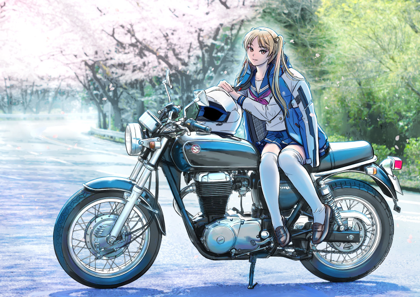 1girl absurdres bakuon!! bell black_footwear blonde_hair blue_sailor_collar blue_skirt brown_eyes cherry_blossoms full_body hair_bell hair_ornament helmet highres jacket jacket_on_shoulders loafers looking_at_viewer on_motorcycle outdoors petals pleated_skirt road sailor_collar sakuma_masanori shirt shoes sitting skirt solo suzunoki_rin thighhighs twintails unworn_headwear unworn_helmet vehicle_focus visor_lift white_shirt white_thighhighs