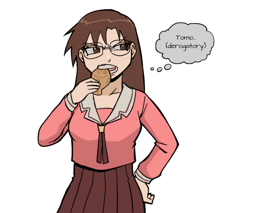 1girl azumanga_daioh azumanga_daioh's_school_uniform breasts brown_eyes brown_hair brown_skirt commentary cowboy_shot eating english_text esibisi facing_viewer food furrowed_brow glasses hand_on_own_hip hand_up holding holding_food long_hair long_sleeves looking_to_the_side mizuhara_koyomi open_mouth pink_shirt sailor_collar school_uniform serafuku shirt simple_background skirt solo standing taiyaki thought_bubble v-shaped_eyebrows wagashi white_background white_sailor_collar winter_uniform