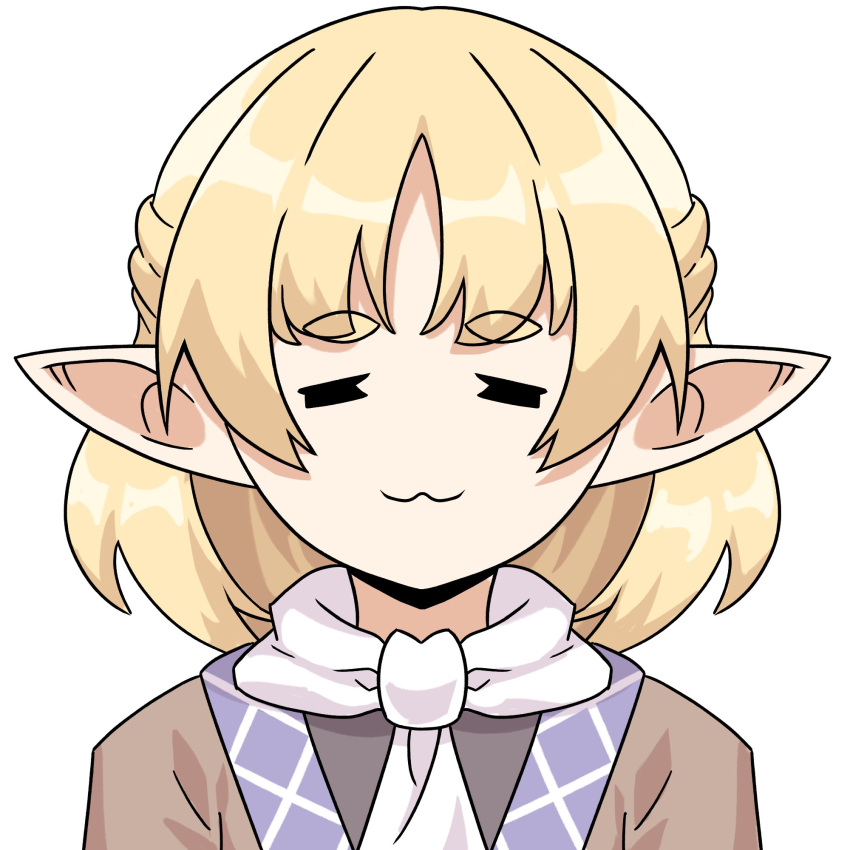 1girl :3 =_= black_shirt blonde_hair brown_shirt closed_eyes closed_mouth commentary elf english_commentary half_updo highres medium_bangs mizuhashi_parsee pointy_ears praeto scarf shirt short_hair simple_background smile solo sousou_no_frieren species_connection thick_eyebrows touhou undershirt upper_body white_background white_scarf