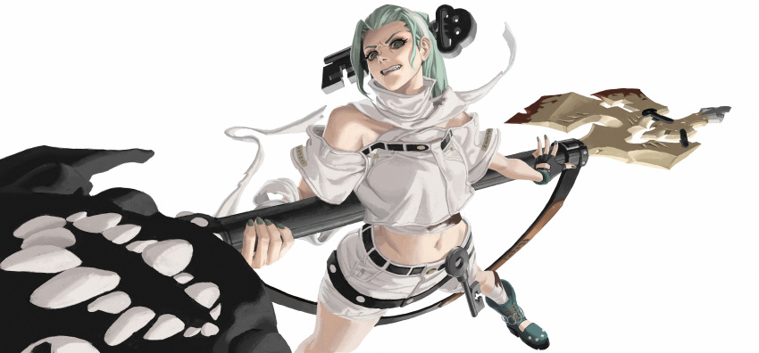 1girl a.b.a absurdres bags_under_eyes bandaged_chest bandaged_neck bandages bare_shoulders fingerless_gloves gloves green_eyes green_hair guilty_gear guilty_gear_strive headband highres key_in_head long_hair looking_at_viewer object_through_head paracelsus_(guilty_gear) white_headband x37tc