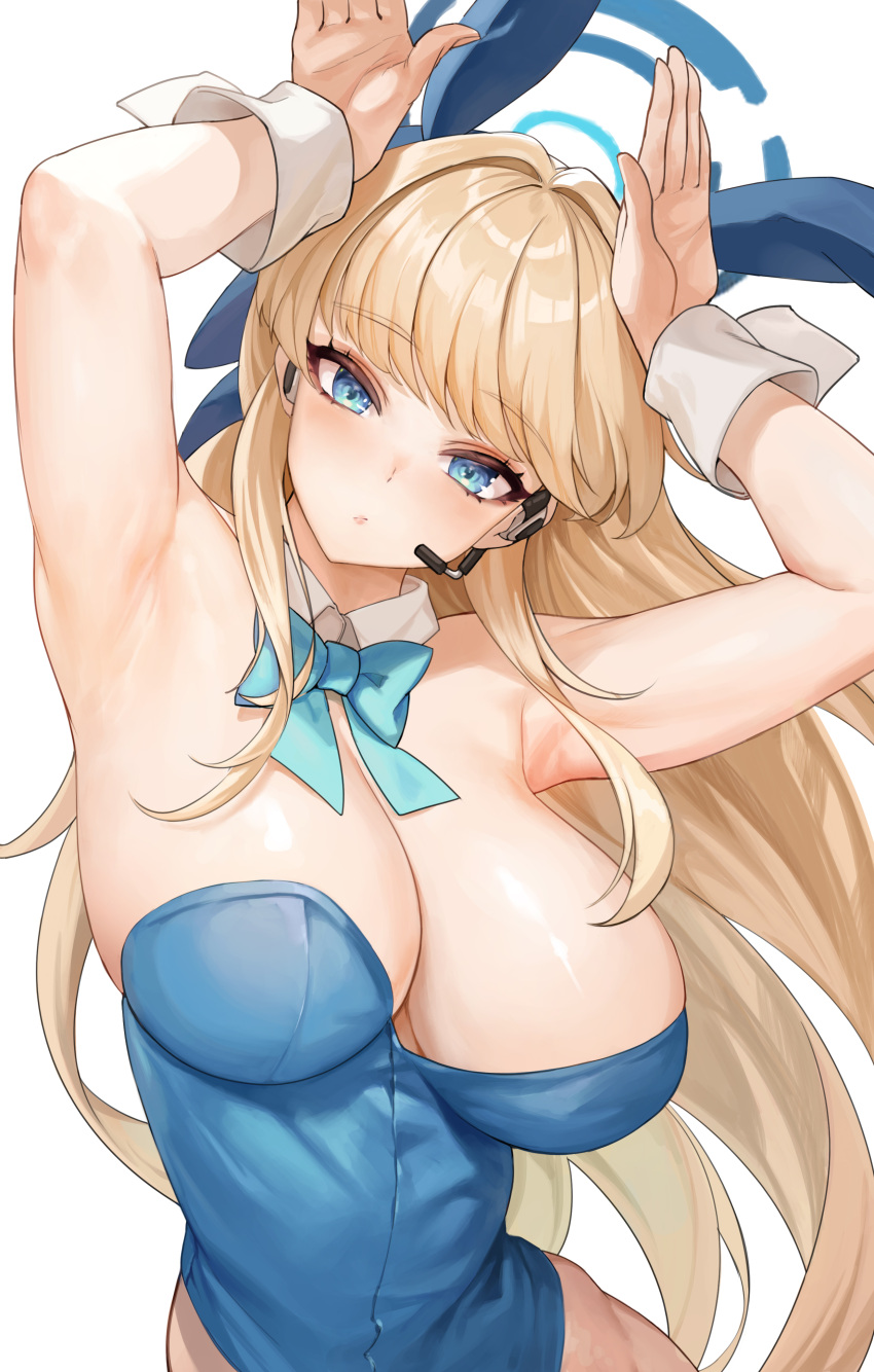 1girl absurdres animal_ear_hairband animal_ears aqua_bow aqua_bowtie armpits arms_up blonde_hair blue_archive blue_leotard bow bowtie breasts detached_collar fake_animal_ears hairband halo headset highres large_breasts leotard looking_at_viewer official_alternate_costume playboy_bunny rabbit_ear_hairband rabbit_ears rabbit_pose simple_background solo sr911656337775 strapless strapless_leotard toki_(blue_archive) toki_(bunny)_(blue_archive) white_background wrist_cuffs