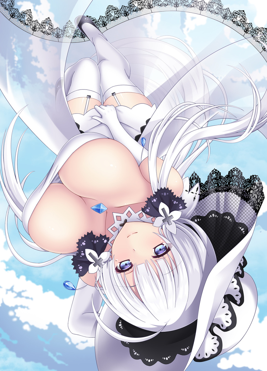 1girl azur_lane black_footwear blue_eyes blue_gemstone breasts cleavage detached_collar dress elbow_gloves garter_straps gem gloves hat highres illustrious_(azur_lane) lace-trimmed_dress lace-trimmed_headwear lace_trim large_breasts long_hair looking_at_viewer see-through see-through_dress sleeveless sleeveless_dress sogegin solo strapless strapless_dress sun_hat thighhighs upside-down very_long_hair white_dress white_garter_straps white_gloves white_hair white_hat white_theme white_thighhighs