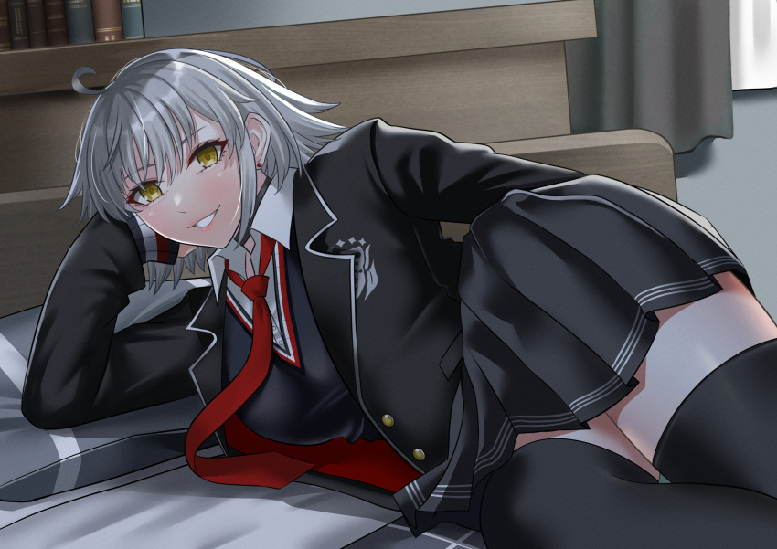 1girl absurdres ahoge blush breasts fate/grand_order fate_(series) grey_hair grin highres indoors jeanne_d'arc_alter_(avenger)_(fate) jeanne_d'arc_alter_(fate) large_breasts long_sleeves looking_at_viewer looking_back lying on_side school_uniform short_hair skirt smile solo thighhighs tomotomow00w yellow_eyes