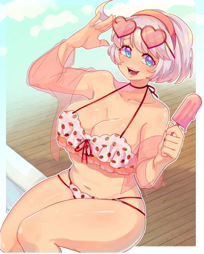 1girl absurdres ahoge aqua_eyes bikini blush breasts cleavage elphelt_valentine food food_print guilty_gear guilty_gear_strive hairband heart heart-shaped_eyewear highres holding holding_food holding_ice_cream holding_popsicle huge_ahoge ice_cream large_breasts looking_at_viewer melting navel open_mouth pink_hairband pink_shirt popsicle salute see-through see-through_shirt shirt short_hair sitting smile strawberry_print supacreamss swimsuit white_bikini white_hair