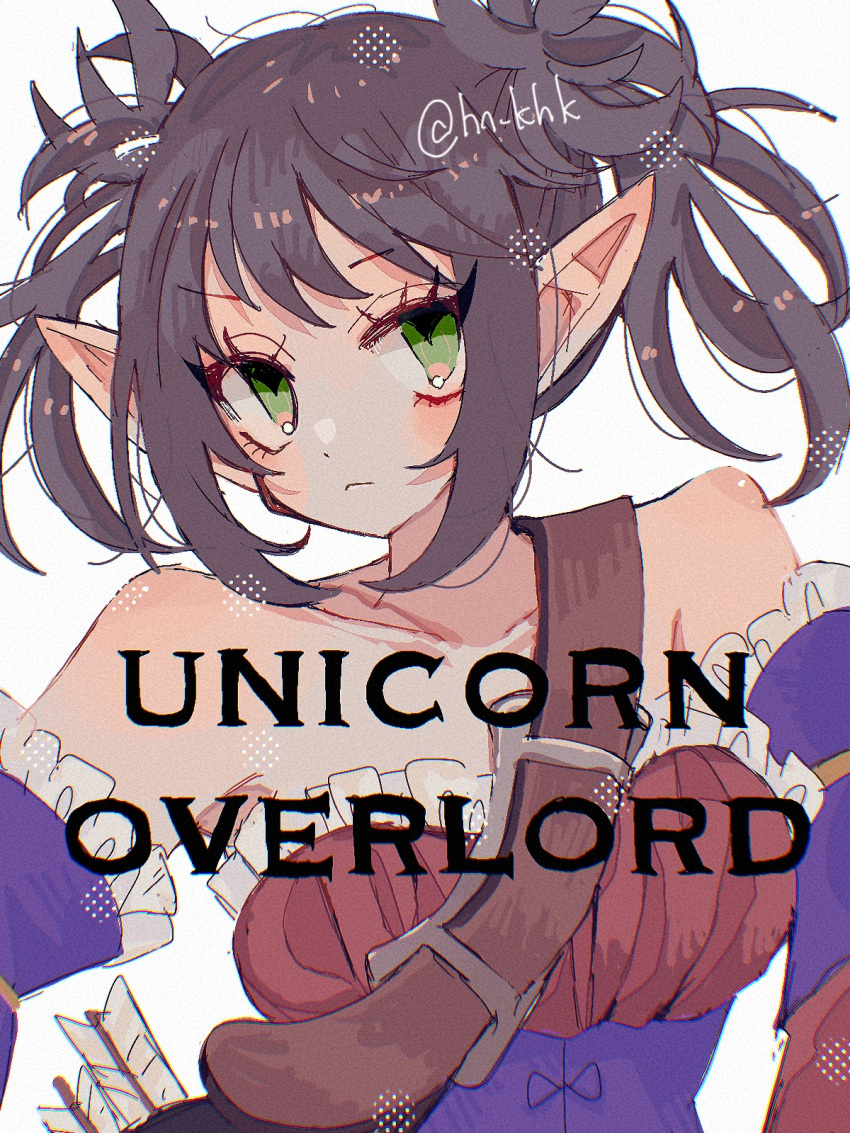 1girl :&lt; arrow_(symbol) bare_shoulders black_hair breasts chromatic_aberration closed_mouth collarbone copyright_name elf eyelashes film_grain frills green_eyes han_(hn-khk) highres long_pointy_ears medium_breasts messy_hair pointy_ears ridiel_(unicorn_overlord) short_hair simple_background solo strap twintails twitter_username unicorn_overlord upper_body white_background