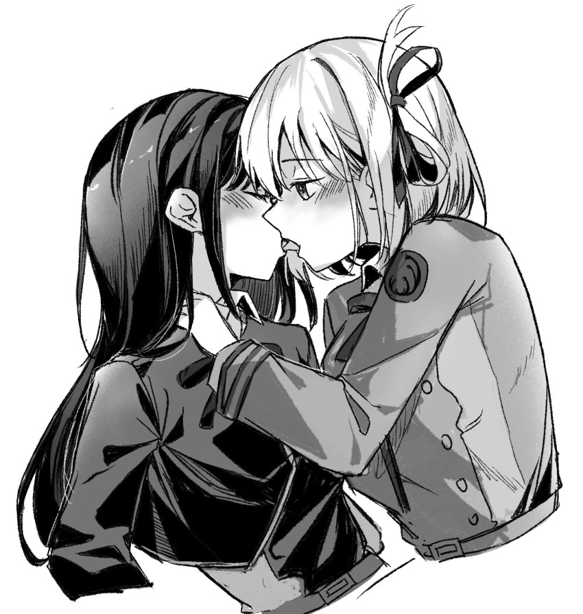 2girls blush closed_eyes dress french_kiss greyscale hair_ribbon hand_on_another's_shoulder highres inoue_takina jenjen kiss long_hair long_sleeves lycoris_recoil lycoris_uniform medium_hair monochrome multiple_girls nishikigi_chisato one_side_up open_mouth ribbon upper_body yuri