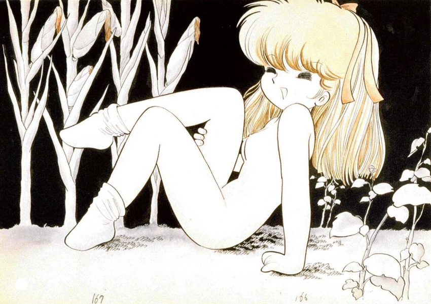 1980s_(style) 1girl ankle_socks azuma_hideo black_sky blonde_hair bow breasts closed_eyes corn_cob full_body hair_bow long_hair nipples non-web_source nude original outdoors retro_artstyle sitting sky small_breasts smile socks solo sprout stitched traditional_media