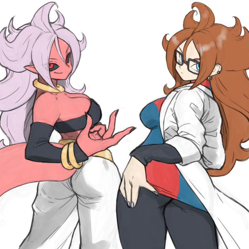 2girls android_21 ass black-framed_eyewear black_nails black_sclera black_tube_top blue_eyes breasts checkered_clothes checkered_dress choker cleavage closed_mouth colored_sclera colored_skin dragon_ball dragon_ball_fighterz dress dual_persona earrings glasses highres hoop_earrings jewelry lab_coat long_hair looking_at_viewer majin_android_21 medium_breasts multiple_girls pink_skin red_eyes simple_background smile strapless tail toshinoshin tube_top white_background yellow_choker