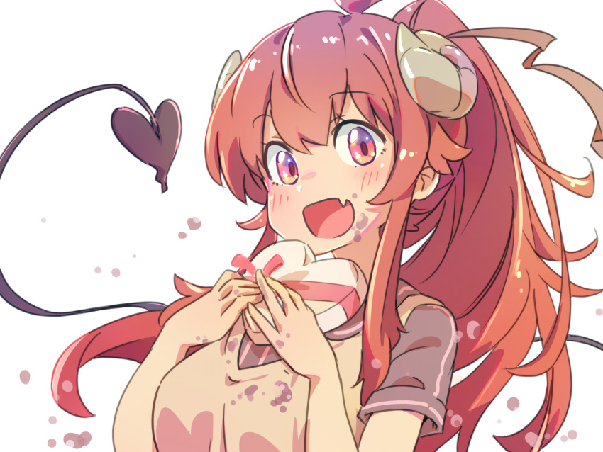 1girl :d ahoge alternate_hairstyle apron black_shirt blush box breasts brown_eyes brown_hair chocolate chocolate_on_face chocolate_on_hand commentary_request curled_horns demon_girl demon_horns demon_tail fang floating_hair food food_on_face food_on_hand gift hair_between_eyes hands_up happy heart-shaped_box highres holding holding_gift horns icorasama large_breasts long_hair looking_at_viewer machikado_mazoku open_mouth ponytail red_ribbon ribbon shirt short_sleeves sidelocks simple_background skin_fang smile solo tail tail_raised tareme valentine white_background yoshida_yuuko_(machikado_mazoku)