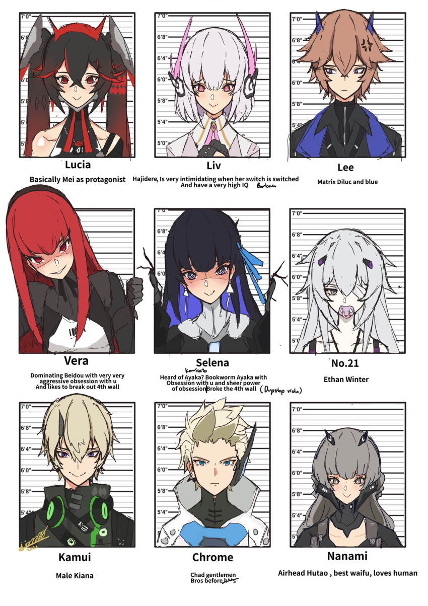 3boys 6+girls @_@ anger_vein bandage_over_one_eye barcode bare_shoulders black_bodysuit black_dress black_gloves black_hair black_hairband black_horns black_jacket blue_eyes blue_hair blue_horns blue_jacket blue_ribbon bodysuit brown_hair celinepizza character_name chrome_(punishing:_gray_raven) cleavage_cutout clothing_cutout colored_inner_hair crossed_bangs detached_collar dress earrings english_commentary english_text fake_horns fourth_wall gloves gold_trim gradient_hair grey_eyes grey_hair hair_between_eyes hair_ribbon hairband headgear headphones headphones_around_neck high_collar highres horns jacket jewelry kamui:_bastion_(punishing:_gray_raven) lee:_palefire_(punishing:_gray_raven) lee_(punishing:_gray_raven) light_brown_hair liv:_lux_(punishing:_gray_raven) liv_(punishing:_gray_raven) long_hair lucia:_dawn_(punishing:_gray_raven) lucia_(punishing:_gray_raven) medium_hair multicolored_hair multiple_boys multiple_girls nanami:_storm_(punishing:_gray_raven) nanami_(punishing:_gray_raven) no.21:_xxi_(punishing:_gray_raven) no.21_(punishing:_gray_raven) pacifier pale_skin pink_dress pink_eyes punishing:_gray_raven purple_eyes red_eyes red_hair red_horns ribbon selena:_tempest_(punishing:_gray_raven) selena_(punishing:_gray_raven) sidelocks signature single_horn sleeveless small_horns streaked_hair suspenders triangle_earrings twintails two-sided_fabric two-sided_jacket two-tone_bodysuit unkempt vera:_rozen_(punishing:_gray_raven) vera_(punishing:_gray_raven) white_bodysuit white_jacket yandere