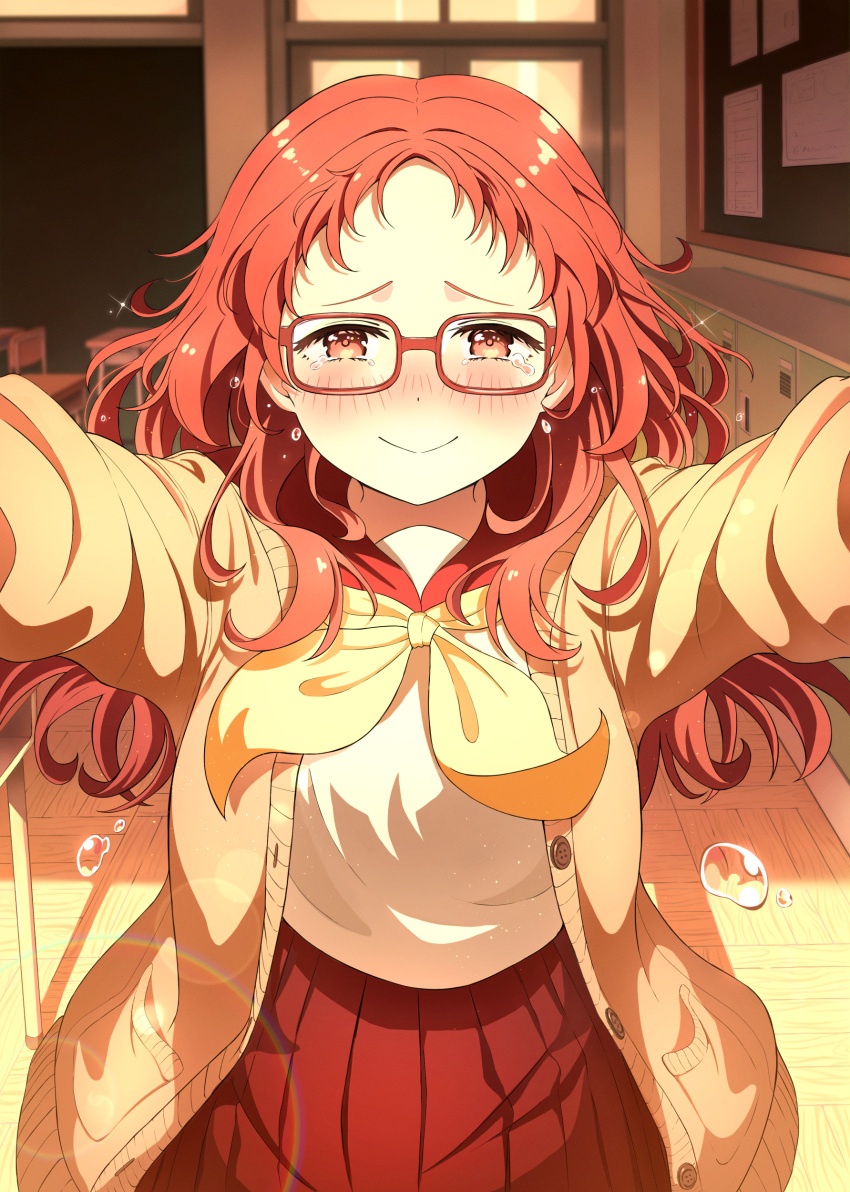 1girl absurdres blush classroom crying crying_with_eyes_open dopal1223 embarrassed forehead glasses highres indoors long_sleeves looking_at_viewer mie_ai nose_blush orange_eyes orange_hair outstretched_arms pleated_skirt rectangular_eyewear red-framed_eyewear red_skirt shirt skirt smile spread_arms standing sukinako_ga_megane_wo_wasureta sweater tears white_shirt yellow_sweater