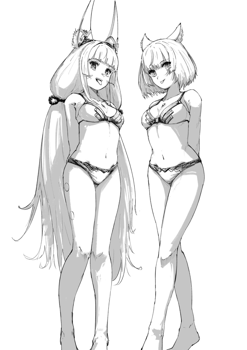 2girls :p animal_ear_fluff animal_ears arms_behind_back barefoot breasts cat_ears cat_girl chin_bell eyelashes feet_out_of_frame greyscale highres long_hair looking_at_viewer medium_breasts mio_(xenoblade) monochrome multiple_girls navel nia_(xenoblade) short_hair simple_background standing swimsuit tongue tongue_out very_long_hair white_background xenoblade_chronicles_(series) xenoblade_chronicles_3