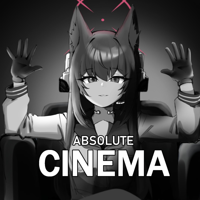 absolute_cinema_(meme) animal_ear_fluff animal_ears armchair black_hair blue_archive chair ear_protection earpiece english_text fox_ears gen_(unzzenasd) gloves halo hands_up highres image_macro_(meme) impact_(font) long_hair long_sleeves meme school_uniform serafuku sitting throat_microphone upper_body yukino_(blue_archive)