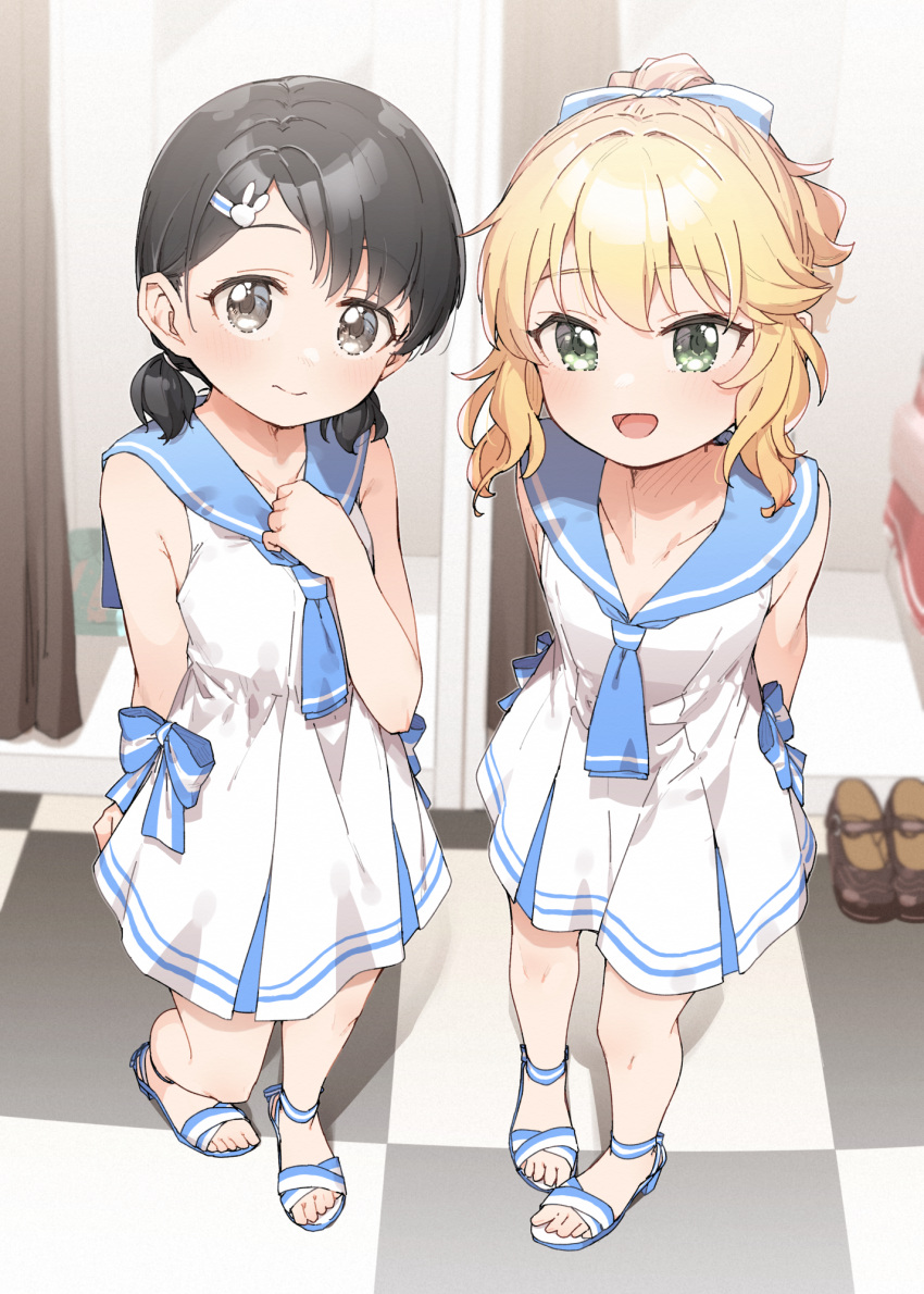 2girls black_hair blonde_hair blue_sailor_collar blush bow brown_eyes closed_mouth collarbone commentary_request dress feet green_eyes hair_bow hair_ornament hairclip highres idolmaster idolmaster_cinderella_girls legs multiple_girls open_mouth sailor_collar sakurai_momoka sandals sasaki_chie short_hair short_twintails smile standing toes twintails white_dress yukie_(kusaka_shi)