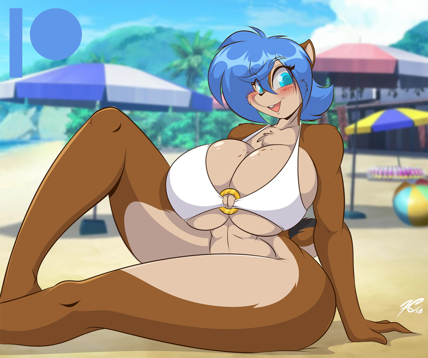 anthro beach big_breasts blue_eyes blue_hair blush bottomless breasts brown_body brown_fur buckteeth chipmunk clothed clothing female fur ground_squirrel hair mammal mastergodai multicolored_body multicolored_fur patreon patreon_logo rally_ryder rodent sciurid short_tail sitting sitting_on_ground smile solo tail teeth thick_thighs two_tone_body two_tone_fur white_bikini_top wide_hips