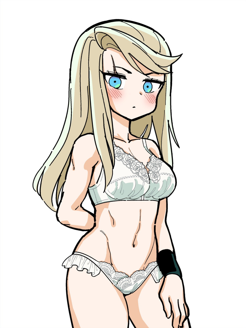 1girl berit_(eisu) black_wristband blonde_hair blue_eyes bra breasts eisu_(eith) highres large_breasts long_hair navel original panties scar scar_across_eye scar_on_face simple_background toned underwear white_background