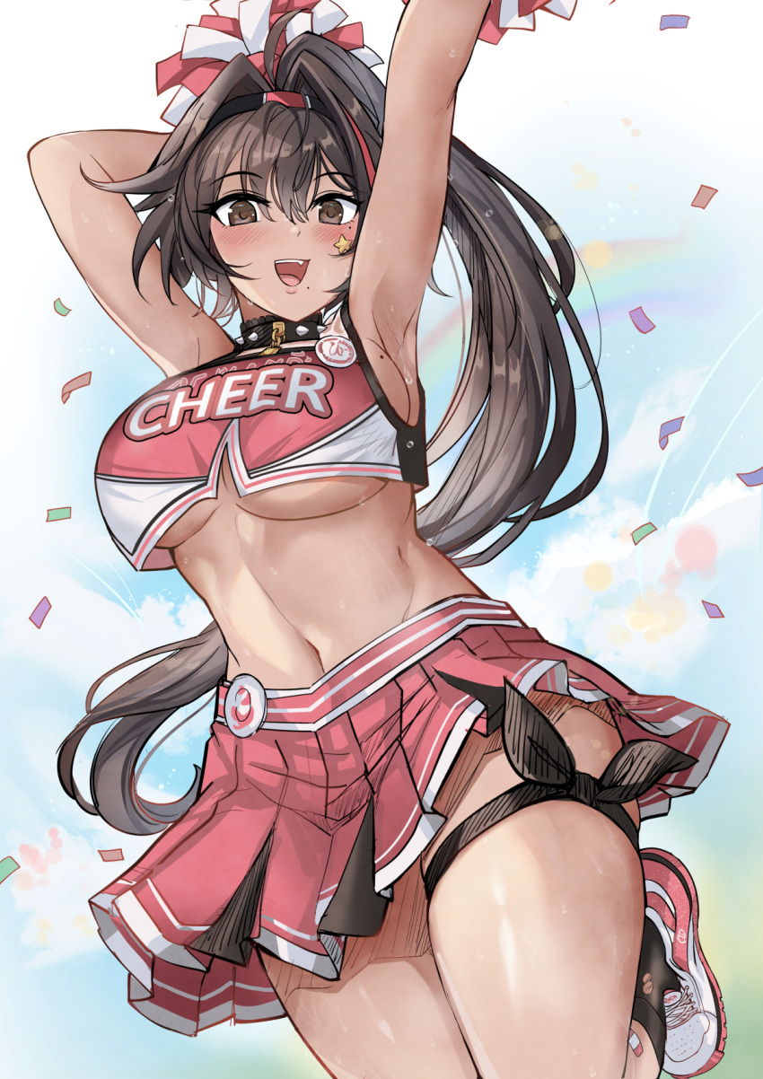 1girl ahoge armpits arms_up bare_arms bare_shoulders bay_(nikke) black_choker black_hair black_socks breasts brown_eyes cheerleader choker crop_top crop_top_overhang fang goddess_of_victory:_nikke hair_intakes hairband highres holding holding_pom_poms large_breasts leg_up long_hair looking_at_viewer midriff miniskirt mole mole_on_breast mole_under_eye mole_under_mouth navel open_mouth pink_footwear pleated_skirt pom_pom_(cheerleading) ponytail red_shirt red_skirt shirt shoes side_ponytail sideboob skindentation skirt sleeveless sleeveless_shirt smile sneakers socks solo spiked_choker spikes stomach sweat thigh_strap thighs underboob very_long_hair yougenko