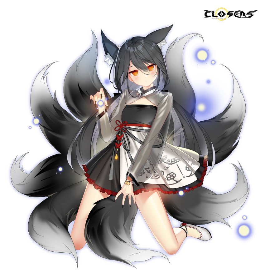 1girl alternate_hair_color animal_ear_fluff animal_ears ankle_bell black_dress black_footwear black_hair black_sleeves black_tail claw_pose cleavage_cutout closers clothing_cutout copyright_name dot_mouth dress expressionless fingernails flat_chest fox_ears fox_girl fox_tail full_body hand_up head_tilt highres kitsune kneeling kyuubi layered_dress light_particles logo long_fingernails long_hair long_sleeves looking_at_viewer low_twintails multiple_tails no_pupils official_art orange_eyes see-through see-through_sleeves solo tachi-e tail tina_(closers) twintails two-tone_dress white_background white_dress