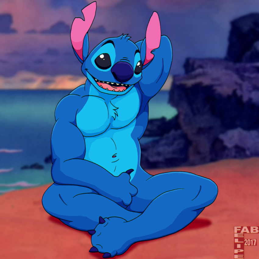 1:1 2017 4_toes alien anthro anthrofied beach biped black_eyes blue_body blue_claws blue_fur blue_nose chest_tuft chromatic_aberration claws covering covering_crotch covering_self crossed_legs digital_drawing_(artwork) digital_media_(artwork) disney experiment_(lilo_and_stitch) fabfelipe fur hand_behind_head head_tuft hi_res lilo_and_stitch looking_at_viewer male navel notched_ear nude open_mouth open_smile screencap screencap_background seaside sitting smile solo stitch_(lilo_and_stitch) toe_claws toes tuft