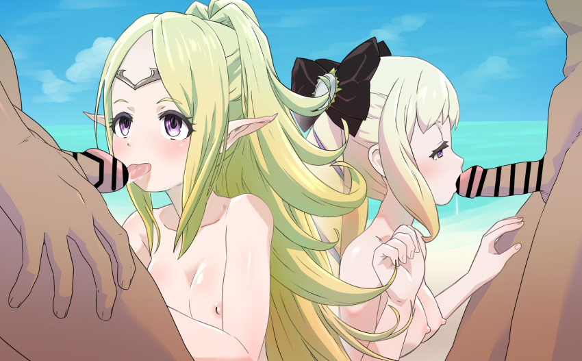 2girls blonde_hair breasts commission dark-skinned_male dark_skin drill_hair elise_(fire_emblem) fellatio fire_emblem fire_emblem_fates guranoootsu hetero highres medium_breasts multicolored_hair multiple_girls nipples nowi_(fire_emblem) nude_beach oral pointy_ears purple_hair skeb_commission streaked_hair twin_drills twintails