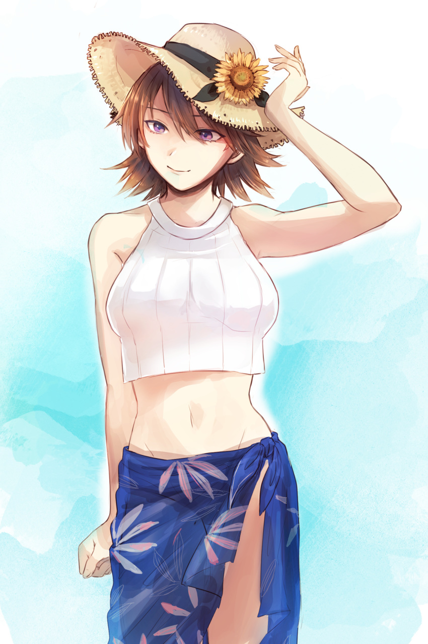 1girl brown_hair flipped_hair flower groin hagioshi hair_between_eyes hairband halter_top halterneck hat hiei_(kantai_collection) highres kantai_collection light_smile looking_to_the_side navel purple_eyes sarong short_hair smile straw_hat sun_hat sunflower