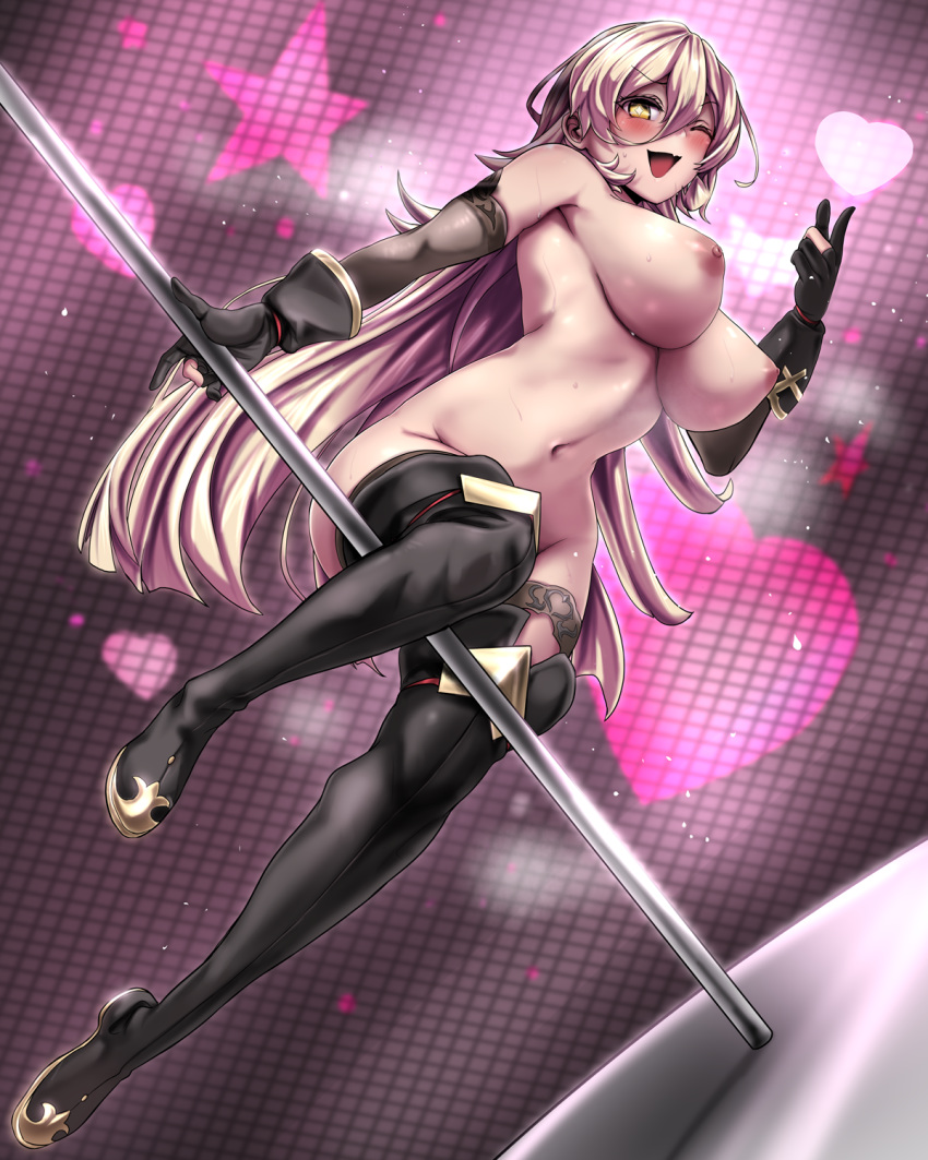 1girl ;d black_footwear black_gloves blush boots breasts fang gloves hair_between_eyes highres huge_breasts light_brown_hair long_hair navel nijisanji nipples nude nui_sociere one_eye_closed open_mouth partially_fingerless_gloves pole_dancing skin_fang smile solo sweat symbol-shaped_pupils thigh_boots thighhighs very_long_hair yaruku yellow_eyes