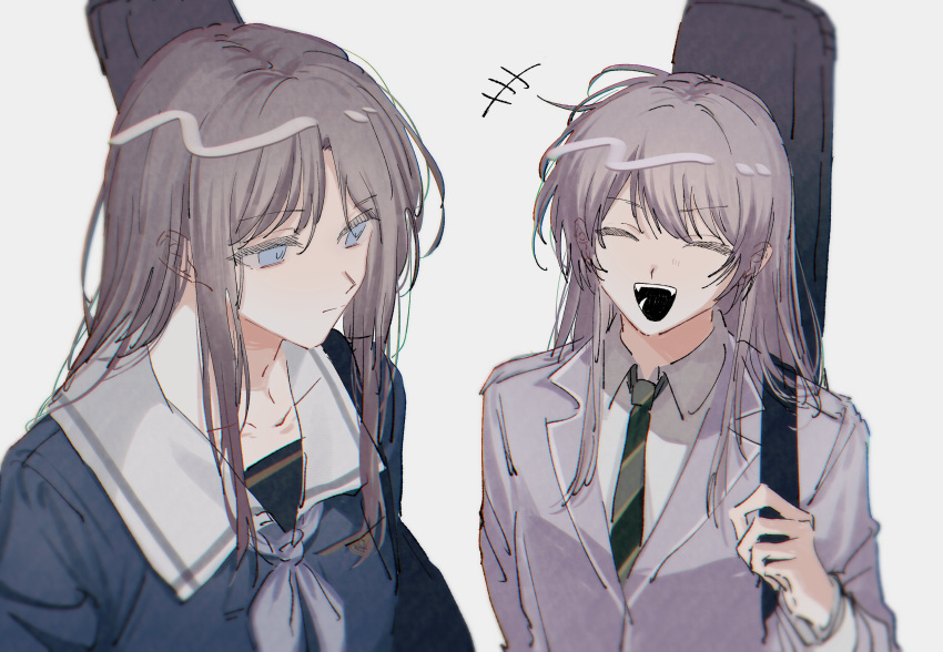 2girls ^_^ absurdres bang_dream! bang_dream!_it's_mygo!!!!! blazer blue_eyes blue_shirt brown_hair chihaya_anon closed_eyes closed_mouth collarbone collared_shirt commentary diagonal-striped_clothes diagonal-striped_necktie ears_visible_through_hair green_necktie grey_background grey_jacket grey_neckerchief haneoka_school_uniform highres hirako_daishougun jacket long_hair long_sleeves multiple_girls nagasaki_soyo neckerchief necktie open_mouth pink_hair sailor_collar school_uniform serafuku shirt sidelocks simple_background striped_clothes teeth tsukinomori_school_uniform upper_body white_sailor_collar white_shirt