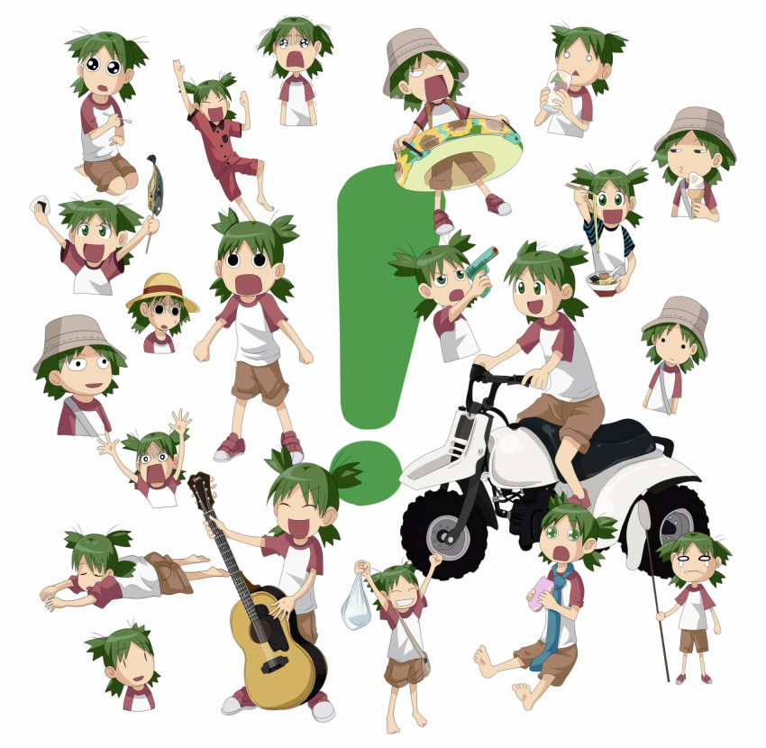 ! aiming_up bucket_hat butterfly_net child chopsticks cup drinking drinking_glass eating food green_hair hand_net hat highres holding holding_butterfly_net holding_chopsticks holding_cup holding_food holding_ice_cream holding_ice_cream_cone holding_swim_ring ice_cream ice_cream_cone jacky_(artist) koiwai_yotsuba lying multiple_views on_stomach pajamas playing_guitar quad_tails shouting straw_hat swim_ring tearing_up water_gun yotsubato!