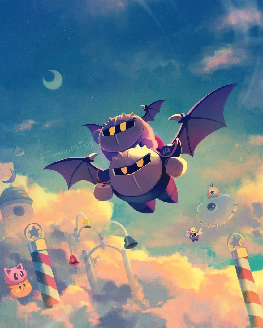 artist_name bat_wings blue_sky bronto_burt character_request check_character cloud crescent_moon flying gloves highres kirby kirby_(series) kracko looking_up mask meta_knight moon on_person revision sky star_(sky) starry_sky suyasuyabi twitter_username ufo_(kirby) waddle_dee wings yellow_eyes