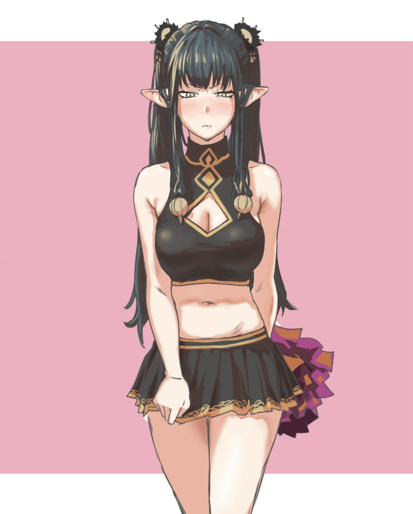 1girl alternate_costume arm_behind_back bare_shoulders black_hair black_shirt black_skirt blush border breasts cheerleader cleavage_cutout closed_mouth clothing_cutout cowboy_shot embarrassed fate/grand_order fate_(series) halterneck highres midriff miniskirt navel outside_border pink_background pom_pom_(cheerleading) semiramis_(fate) shirt sidelocks skirt solo tonko_from twintails white_border yellow_eyes