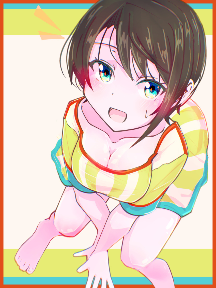 1girl barefoot blue_eyes blush breasts brown_hair cleavage highres hololive large_breasts looking_at_viewer oozora_subaru oozora_subaru_(1st_costume) open_mouth qwq_oekaki shirt short_hair smile solo striped_clothes striped_shirt virtual_youtuber yellow_shirt