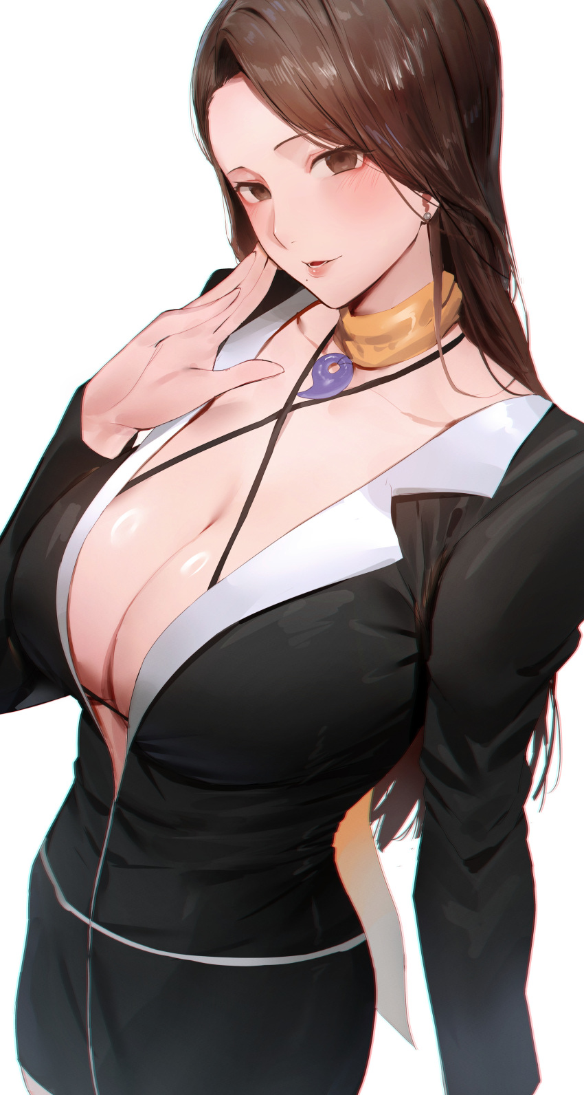 1girl absurdres ace_attorney black_jacket black_skirt black_suit blush breasts brown_eyes brown_hair cleavage collarbone highres jacket large_breasts long_hair long_sleeves looking_at_viewer magatama mia_fey pencil_skirt rororo scarf skirt smile solo suit yellow_scarf