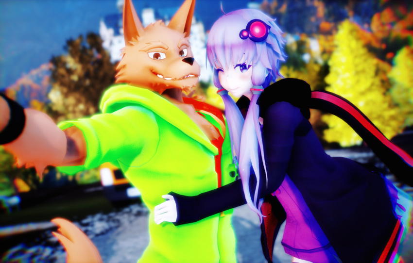 3d_(artwork) anthro blush canid canine canis clothed clothing digital_media_(artwork) duo female hair hi_res male male/female malicekira mammal purple_hair selfie smile sou_notamine utau vocaloid wolf yuzuki_yukari