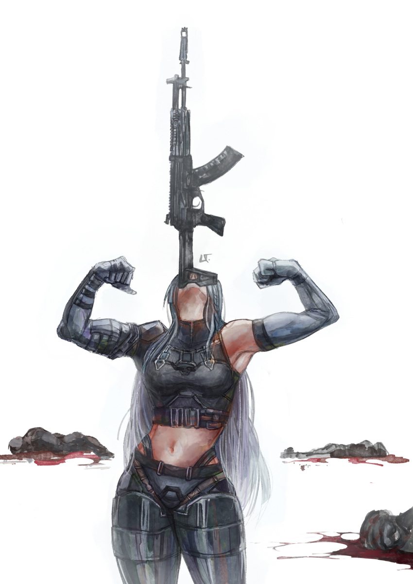 1girl 3others ak-15 ak-15_(girls'_frontline) assault_rifle blood corpse cowboy_shot double_biceps_pose flexing girls'_frontline grey_hair gun highres kalashnikov_rifle long_hair midriff multiple_others muscular muscular_female navel photo-referenced pool_of_blood rifle simple_background traditional_media umariellum weapon weapon_in_mouth white_background