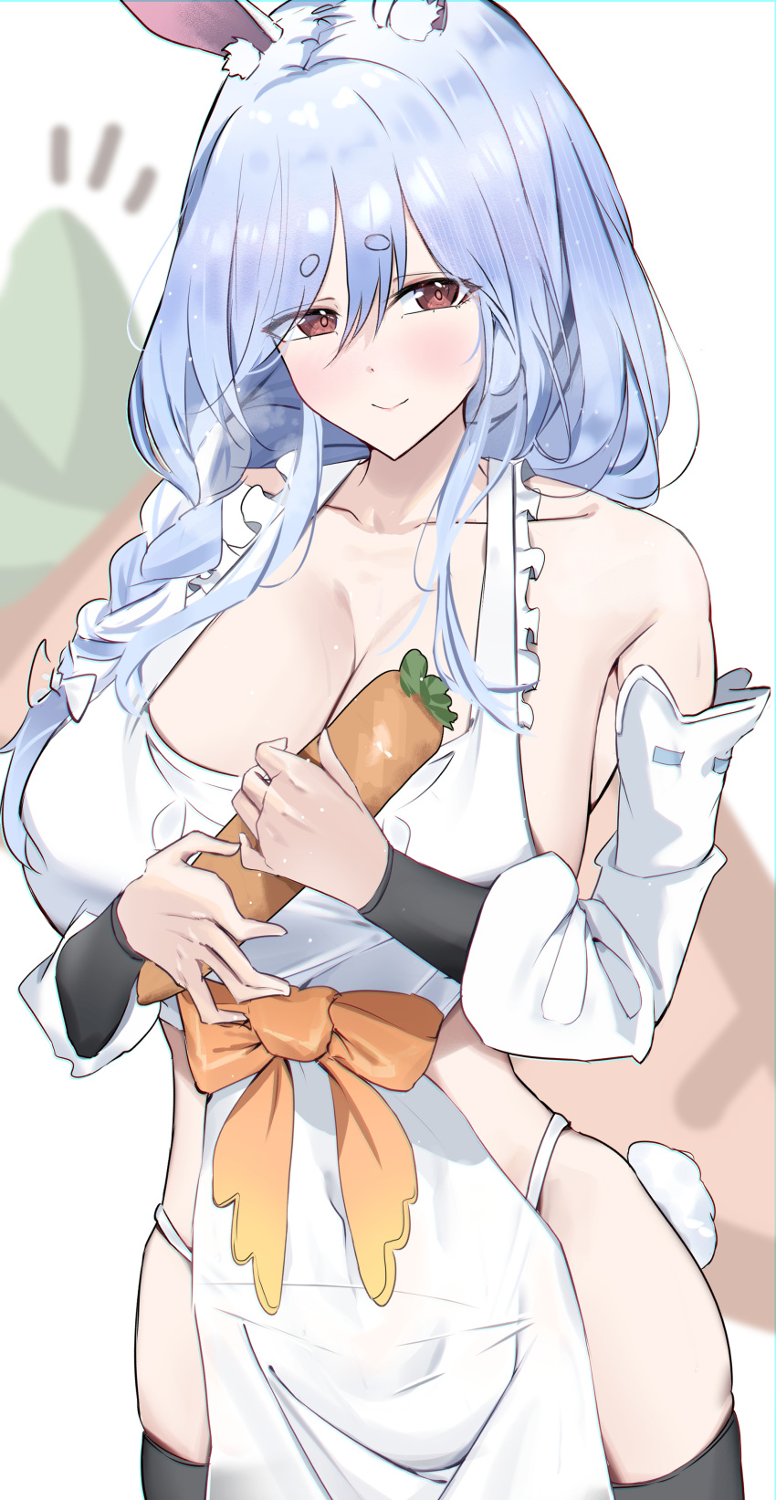 1girl absurdres animal_ear_fluff animal_ears black_thighhighs blue_hair blush braid braided_ponytail breasts carrot cleavage dress food highres holding holding_carrot holding_food holding_vegetable hololive large_breasts long_hair looking_at_viewer mature_female multicolored_hair pekomama rabbit_ears rabbit_girl rabbit_tail red_eyes short_eyebrows smile solo streaked_hair tail thighhighs vegetable virtual_youtuber white_dress white_hair yuki_daruma404