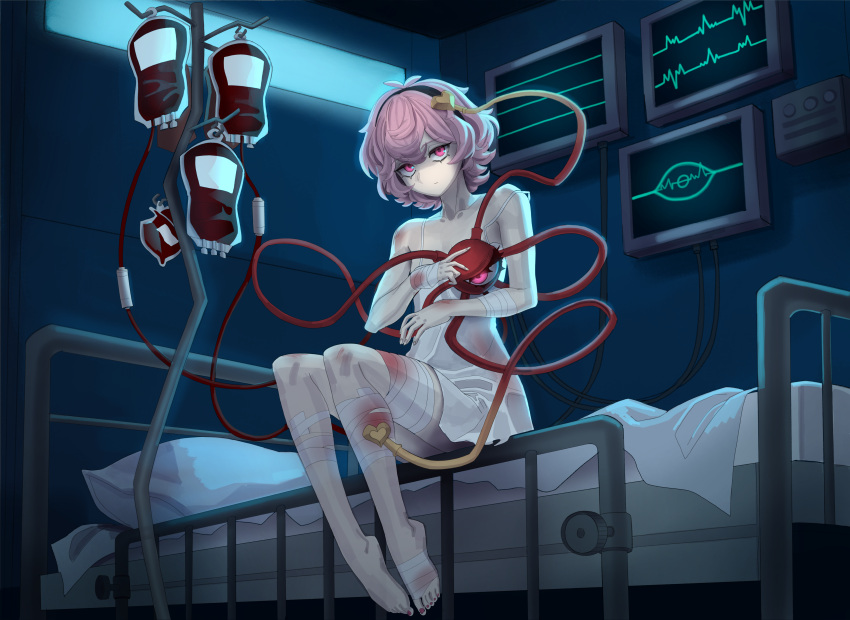 1girl absurdres alternate_costume bandaged_leg bandages bed blood blood_bag closed_mouth commentary commission dress english_commentary full_body highres hospital_bed hospital_gown intravenous_drip iv_stand komeiji_satori looking_at_viewer messy_hair nezo pink_hair red_eyes short_hair sitting solo third_eye touhou white_dress