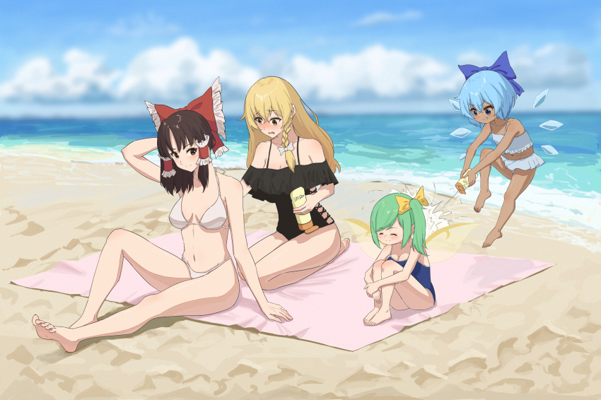 4girls absurdres alternate_skin_color arm_behind_head beach beach_towel bikini black_hair black_one-piece_swimsuit blonde_hair blue_bikini blue_bow blue_eyes blue_hair blue_one-piece_swimsuit blue_sky blush bow braid breasts breasts_apart brown_eyes cirno cleavage daiyousei dark-skinned_female dark_skin esthoric fairy fairy_wings green_hair grin hair_bow hair_tubes hakurei_reimu highres hugging_own_legs ice ice_wings kirisame_marisa knee_up kneeling looking_back lotion lotion_bottle medium_breasts multiple_girls ocean one-piece_swimsuit outdoors red_bow sand school_swimsuit side_ponytail sidelocks single_braid sitting sky smile sunscreen swimsuit tan tanned_cirno touhou towel white_bikini white_bow wings yellow_bow yellow_eyes