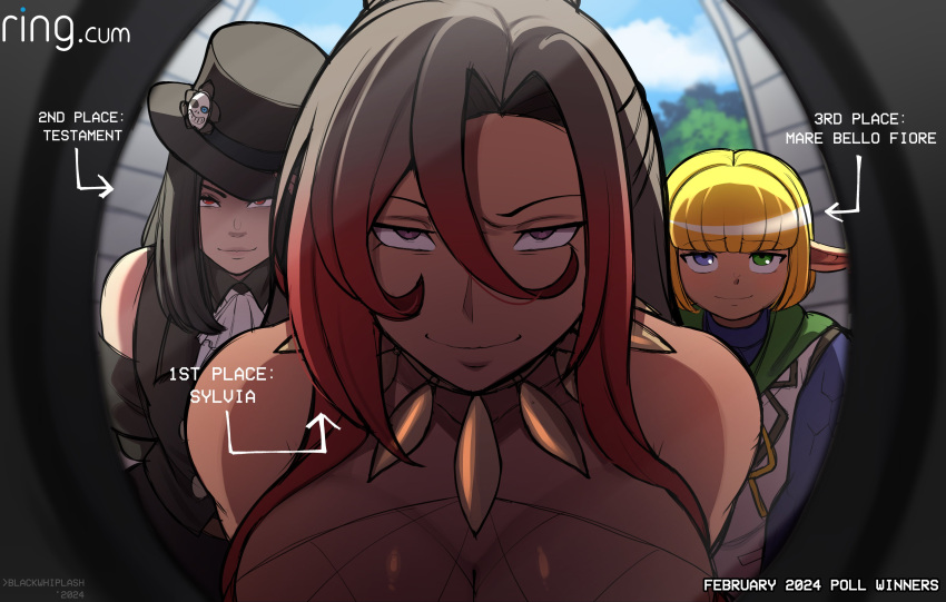 1boy 1girl 1other absurdres androgynous ascot bare_shoulders black_hair black_hat blackwhiplash blonde_hair blue_eyes blunt_bangs blush breasts brown_hair cape character_name dark-skinned_female dark_elf dark_skin elf gradient_hair green_cape green_eyes guilty_gear guilty_gear_strive hat hat_ornament heterochromia highres kono_subarashii_sekai_ni_shukufuku_wo!:_kurenai_densetsu large_breasts long_hair looking_at_viewer mare_bello_fiore multicolored_hair other_focus otoko_no_ko overlord_(maruyama) pointy_ears red_eyes red_hair short_hair skull skull_hat_ornament smile sylvia_(konosuba) testament_(guilty_gear) top_hat white_ascot