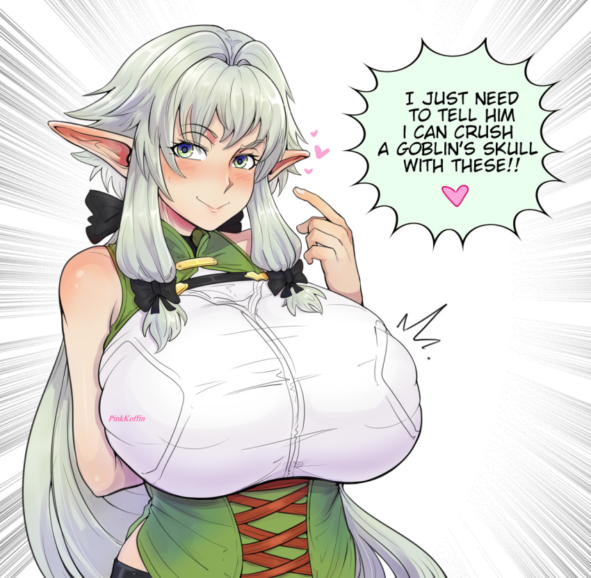 &lt;3 2020 big_breasts breasts clothed clothing dialogue elf english_text female goblin_slayer hair hi_res high_elf_archer humanoid humanoid_pointy_ears long_hair not_furry pinkkoffin solo text