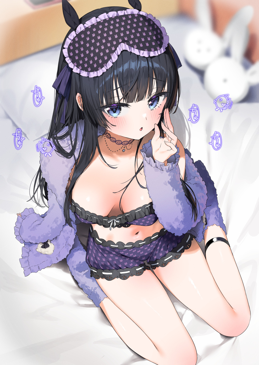 1girl absurdres animal_print asmr bed_sheet belt black_belt black_hair blue_eyes blunt_bangs blurry blurry_background breasts buttons cardigan choker commentary_request double-breasted eye_mask frilled_shorts frills fur-trimmed_cardigan fur_trim grey_cardigan highres itohana lace lace_choker long_hair long_sleeves looking_at_viewer mask mask_on_head medium_breasts midriff navel nijisanji no_bra official_alternate_costume official_alternate_hairstyle on_bed open_cardigan open_clothes open_mouth print_mask purple_shirt purple_shorts rabbit_print ribbon-trimmed_shirt ribbon-trimmed_shorts ribbon_trim seiza shirt shorts sitting sleep_mask solo stomach tsukino_mito tsukino_mito_(18th_costume) virtual_youtuber