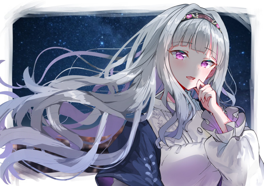 1girl black_hairband blue_shawl blush border breasts floating_hair grey_hair hairband hand_up highres idolmaster idolmaster_(classic) idolmaster_million_live! idolmaster_million_live!_theater_days large_breasts long_hair long_sleeves looking_at_viewer night night_sky open_mouth outside_border purple_eyes shawl shijou_takane shirt sky smile solo star_(sky) starry_sky upper_body white_border white_shirt yuanagae