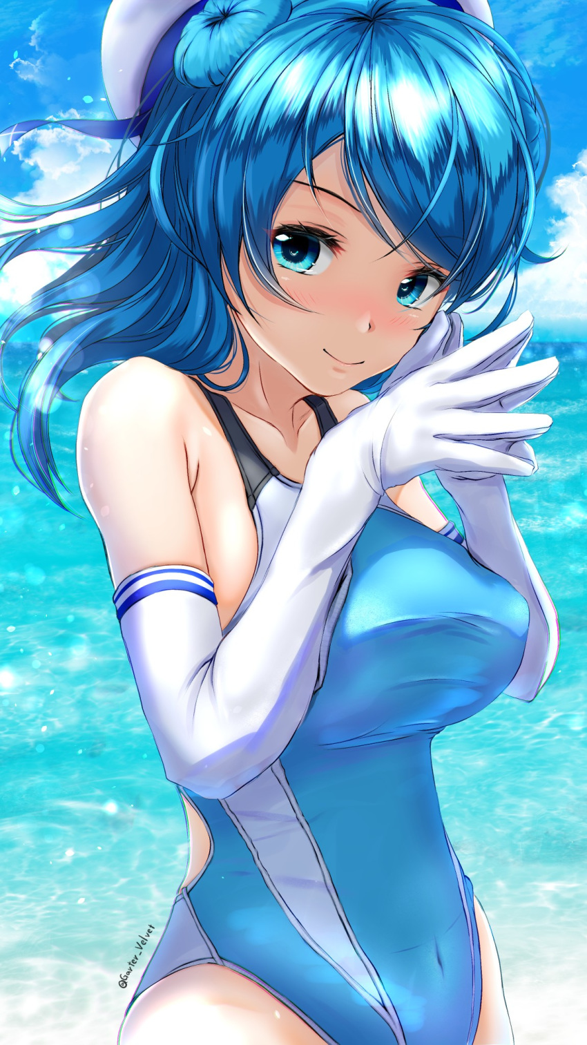 1girl beach blue_eyes blue_hair blue_sky blue_swimsuit blue_theme breasts cloud cloudy_sky collarbone competition_swimsuit covered_navel covered_nipples day double_bun elbow_gloves eyebrows_visible_through_hair fingers_together garter-velvet gloves hat highres kantai_collection large_breasts looking_at_viewer ocean one-piece_swimsuit outdoors sailor_hat sky smile solo standing swimsuit twitter_username two-tone_swimsuit urakaze_(kantai_collection) water white_gloves white_headwear white_swimsuit